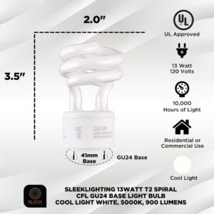 SLEEKLIGHTING - 13Watt GU24 Base 2 Prong Light Bulbs- UL approved-120v 60Hz Light Bulb- Mini Twist Lock Spiral -Self Ballasted CFL Two Pin Fluorescent Bulbs- 5000K Daylight 4pack