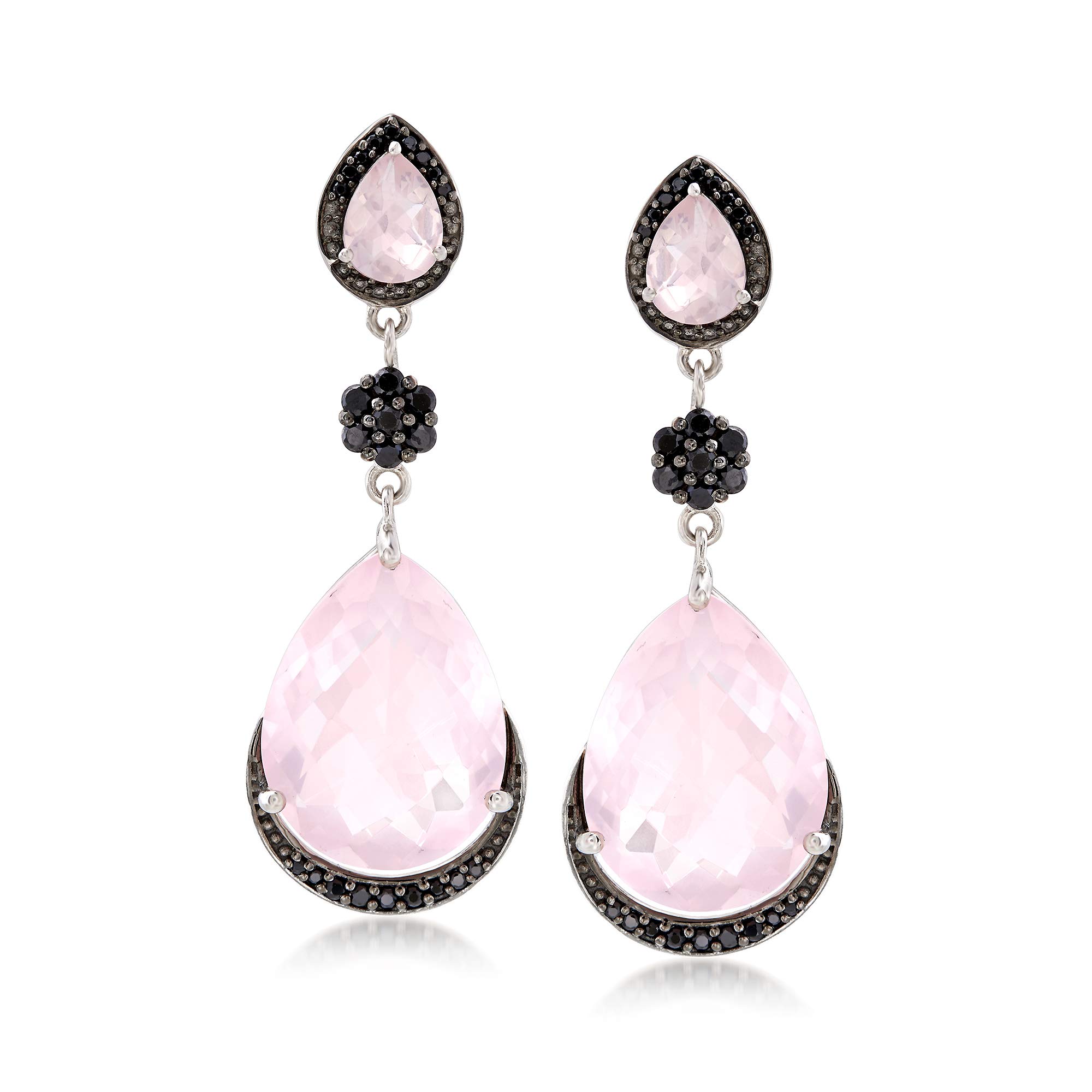 Ross-Simons 22.20 ct. t.w. Rose Quartz and 1.00 ct. t.w. Black Spinel Drop Earrings in Sterling Silver