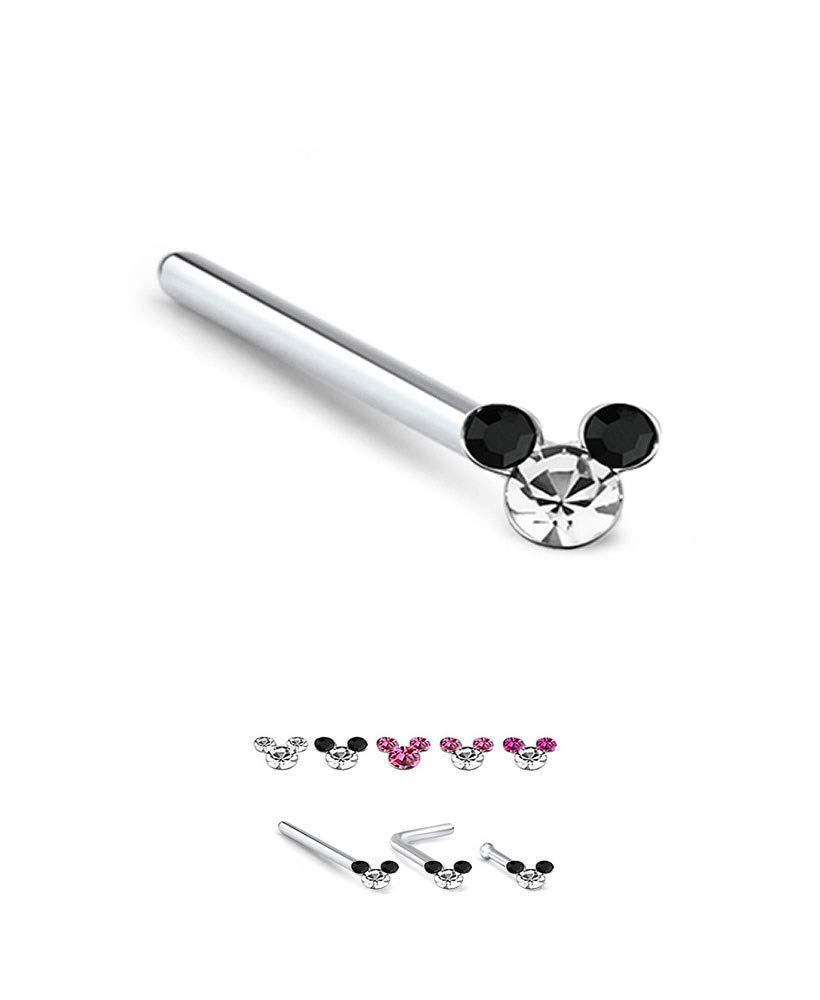 925 Sterling Silver L Bend Nose Stud Ring Mickey Mouse Black/Clear 22G