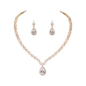 weimanjewelry silver/gold plated women cubic zirconia cz marquise teardrop bridal tennis necklace and drop earring set for wedding brides (gold)