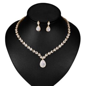 WeimanJewelry Silver/Gold Plated Women Cubic Zirconia CZ Marquise Teardrop Bridal Tennis Necklace and Drop Earring Set for Wedding Brides (Gold)