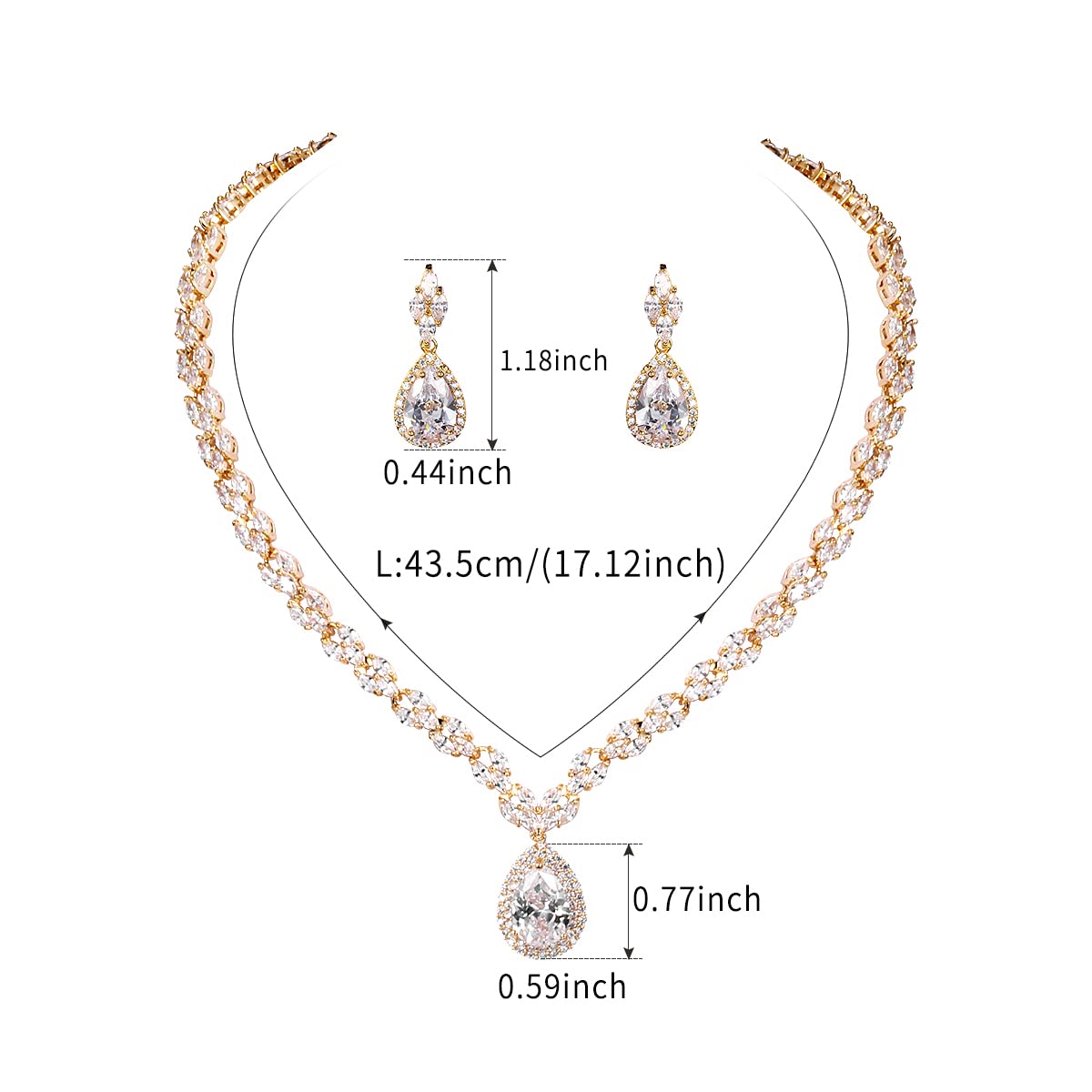 WeimanJewelry Silver/Gold Plated Women Cubic Zirconia CZ Marquise Teardrop Bridal Tennis Necklace and Drop Earring Set for Wedding Brides (Gold)