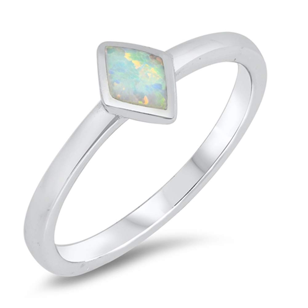 White Simulated Opal Diamond-Shape Simple Ring .925 Sterling Silver Band Size 4