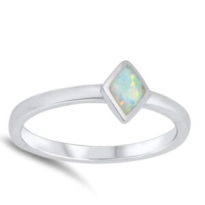 White Simulated Opal Diamond-Shape Simple Ring .925 Sterling Silver Band Size 4