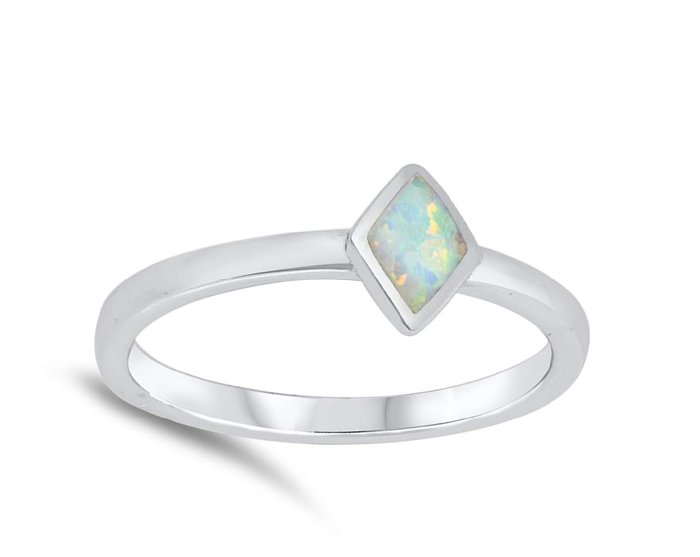 White Simulated Opal Diamond-Shape Simple Ring .925 Sterling Silver Band Size 4