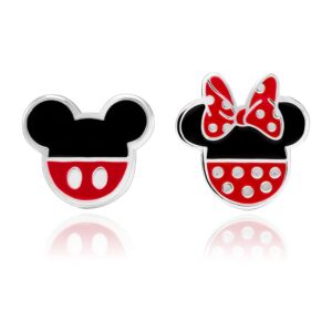 disney mickey mouse and minnie mouse mismatched stud earrings for girls, silver plated, officially licensed