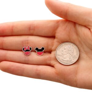 Disney Mickey Mouse and Minnie Mouse Mismatched Stud Earrings for Girls, Silver Plated, Officially Licensed