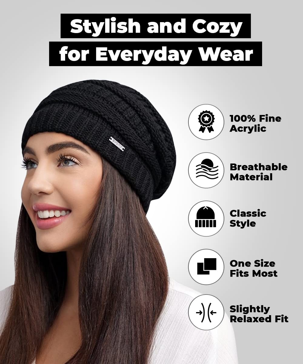 Women’s Soft Warm Stretchy Trendy Chunky Knit Beanie - Stylish Cable Knit Beanie Skully for Fall Winter Weather Black