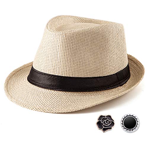 Straw Fedora Hats for Men - Beige Hat for Men Summer Casual Fedora Hat with Band (One Size: 7 1/4, fits Head Circumference 22" - 22 7/8")