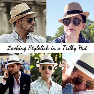 Straw Fedora Hats for Men - Beige Hat for Men Summer Casual Fedora Hat with Band (One Size: 7 1/4, fits Head Circumference 22" - 22 7/8")