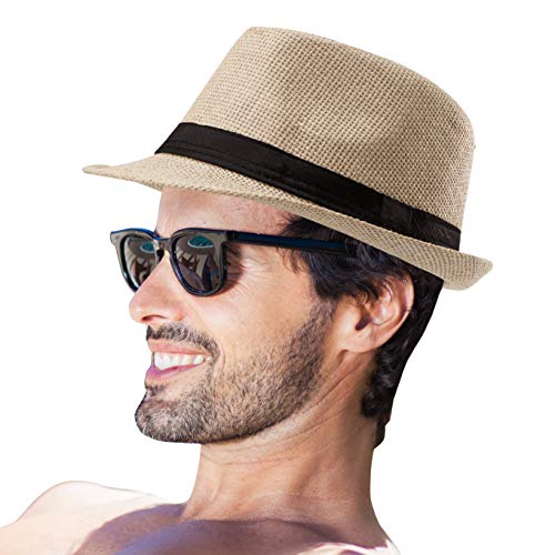 Straw Fedora Hats for Men - Beige Hat for Men Summer Casual Fedora Hat with Band (One Size: 7 1/4, fits Head Circumference 22" - 22 7/8")