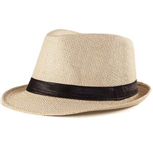 Straw Fedora Hats for Men - Beige Hat for Men Summer Casual Fedora Hat with Band (One Size: 7 1/4, fits Head Circumference 22" - 22 7/8")