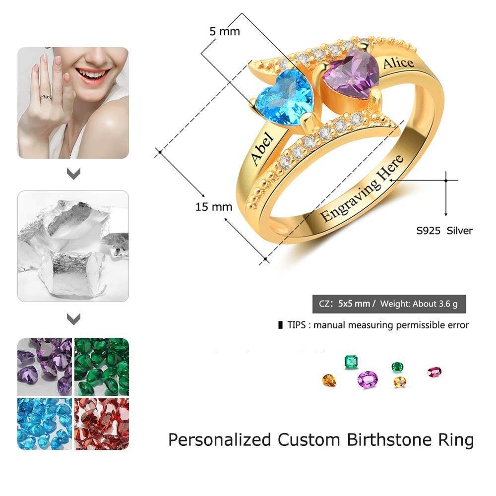 Lam Hub Fong Gifts for Mom Mothers Ring Personalized 2 Birthstones for Women Custom 2 Names Promise Rings for Her Mothers Day Ring Christmas Gifts Grandmother Wife (Gold,8)