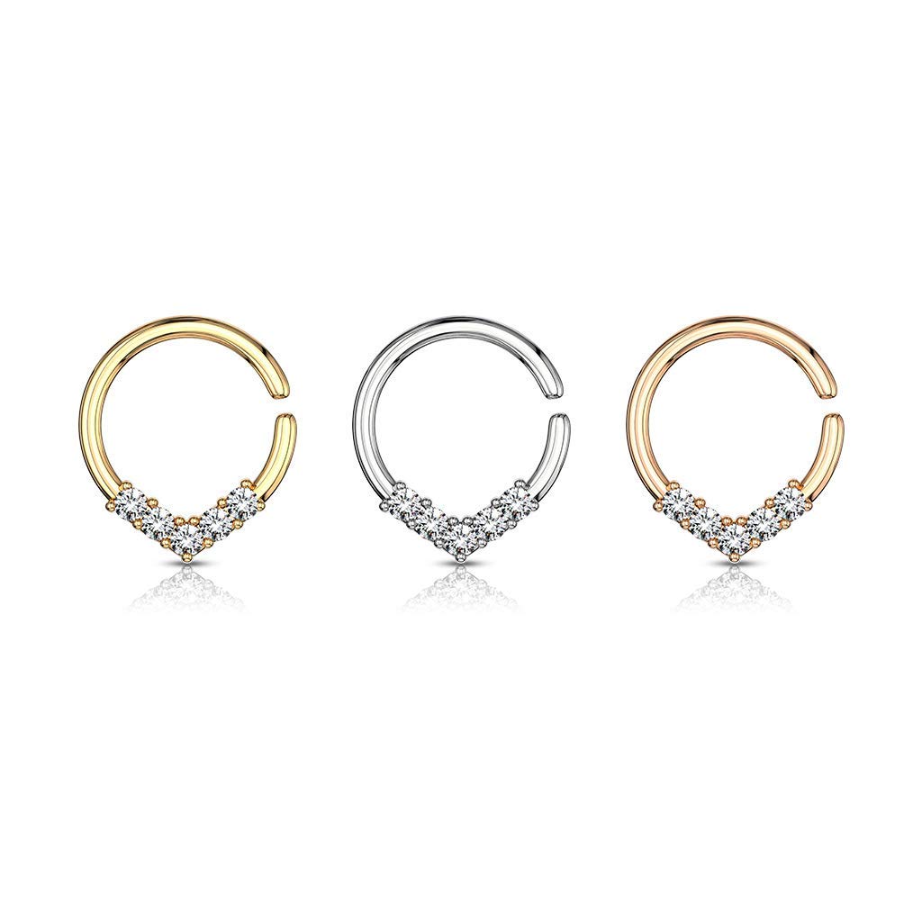 5 CZ Set V Shaped on Round Bendable Cut Ring for Cartilage, Tragus, Septum, and More (Rose Gold)