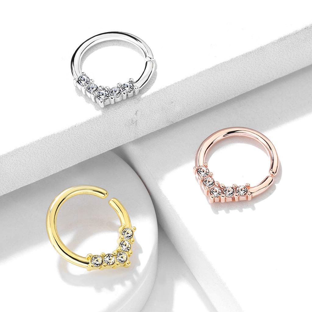 5 CZ Set V Shaped on Round Bendable Cut Ring for Cartilage, Tragus, Septum, and More (Rose Gold)