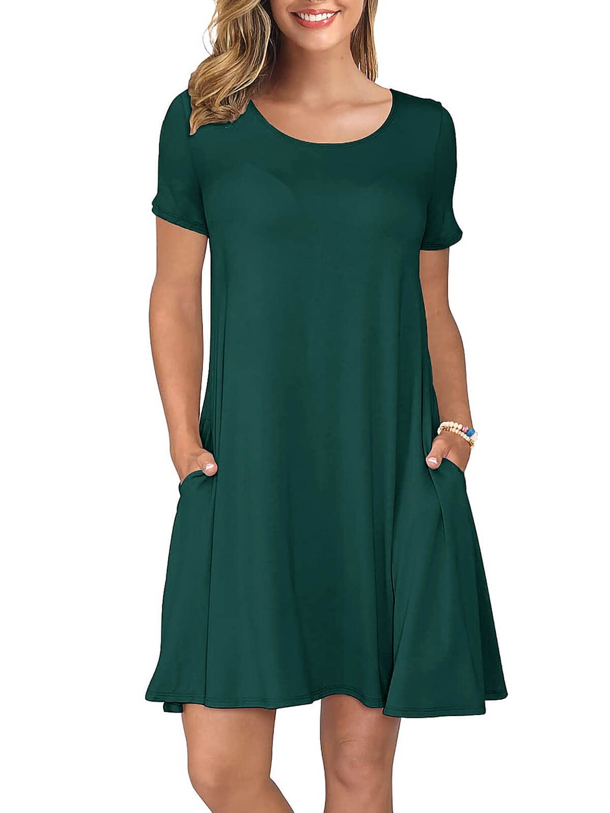 KORSIS Summer Dresses for Women Dark Green Medium Casual T Shirt Dresses Short Sleeve Swing Flowy Ladies Beach Vacation Sundress with Pockets