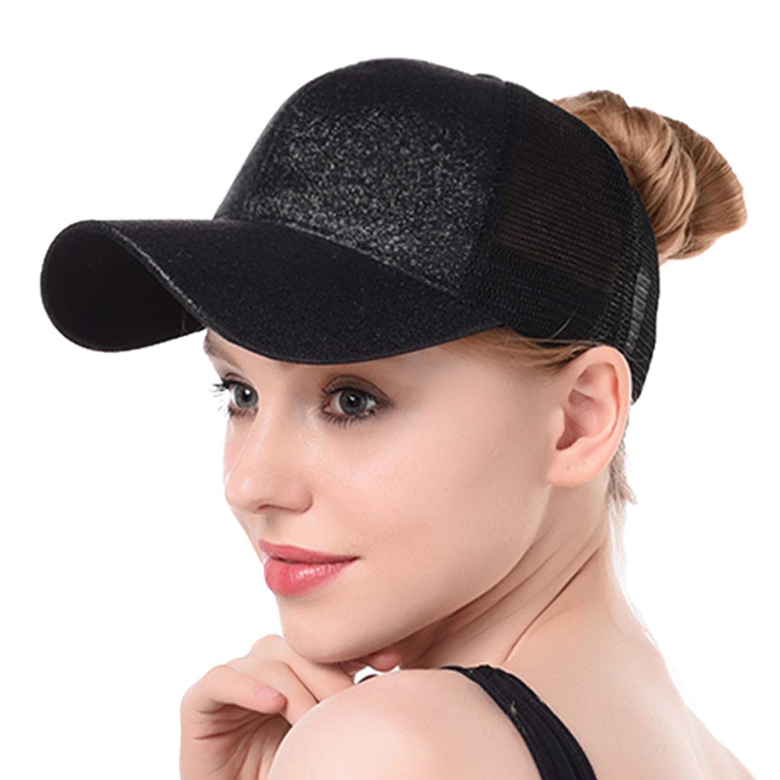 Muryobao Womens Ponytail Baseball Cap Messy High Bun Ponycap Adjustable Snapback Summer Sun Hat Glitter Plain Trucker Dad Hat Mesh Black