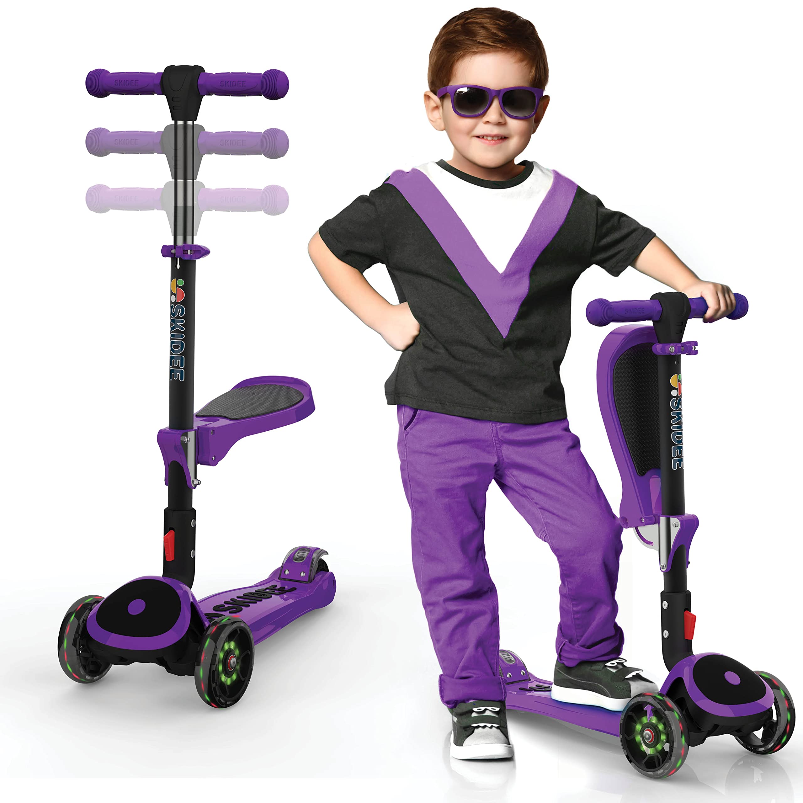 Kick Scooters for Kids Ages 3-5 (Suitable for 2-12 Year Old) Adjustable Height Foldable Scooter Removable Seat, 3 LED Light Wheels, Rear Brake, Wide Standing Board, Outdoor Activities for Boys/Girls