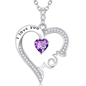 Sterling Silver Necklace for Mom Birthday Gifts Amethyst Jewelry I Love You Mom Love Heart Pendant Necklace for Mother