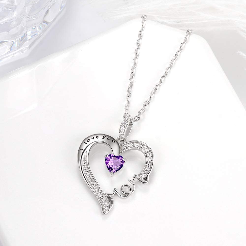 Sterling Silver Necklace for Mom Birthday Gifts Amethyst Jewelry I Love You Mom Love Heart Pendant Necklace for Mother