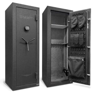 stealth egs14 essential gun safe, fireproof for 30 minutes, fits up to 14 long guns & pistols, adjustable door panel organizer, california doj approved, internal power outlet, durable black paint