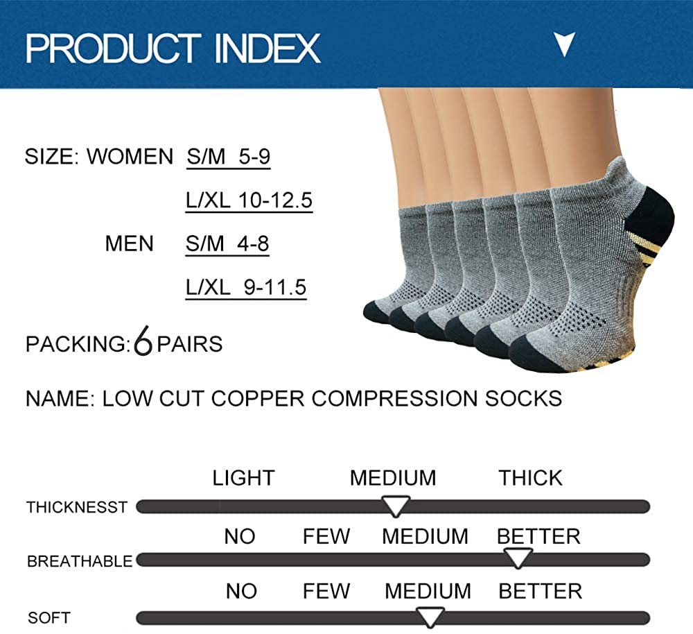 Copper Plantar Fasciitis Running Compression Socks for Men & Women –6 Pairs Arch Support Ankle Socks for Athletic&Travel