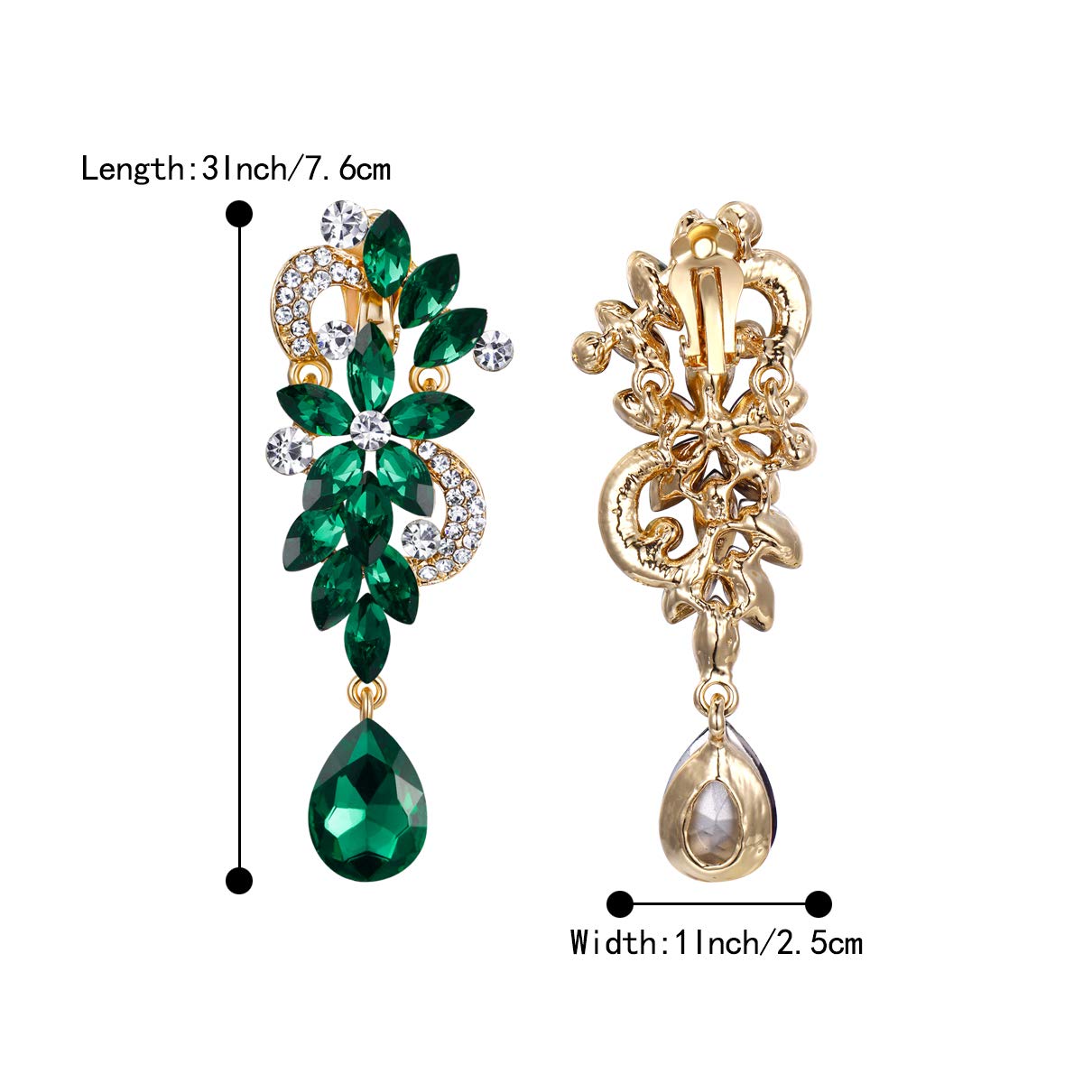 BriLove St Patricks Day Earrings Wedding Bridal Clip On Earrings for Women Bohemian Boho Crystal Flower Chandelier Teardrop Bling Long Dangle Earrings Emerald Color Gold-Toned