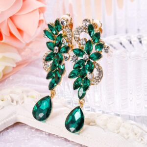 BriLove St Patricks Day Earrings Wedding Bridal Clip On Earrings for Women Bohemian Boho Crystal Flower Chandelier Teardrop Bling Long Dangle Earrings Emerald Color Gold-Toned