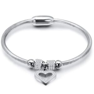 jude jewelers stainless steel heart charm cubic zircon anniversary valentine bangle bracelet (silver)