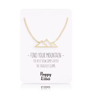 Happy Kisses Mountain Necklace for Women with Snow Top – Pendant Gift for Skiers, Hikers, Campers, Climbers and Nature Lovers – Silver, Rose Gold & Gold (Gold)