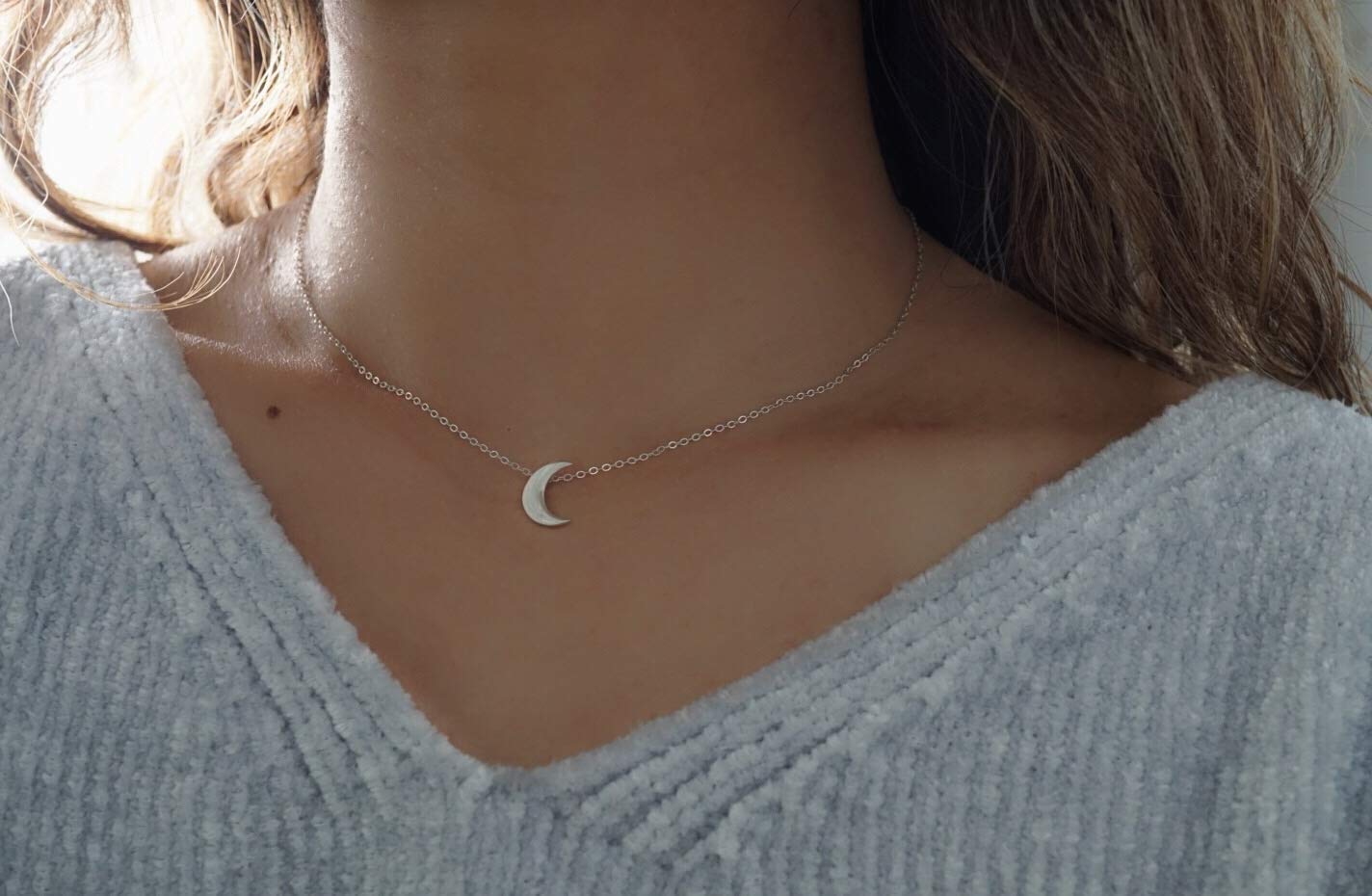 Silver Crescent Moon Choker - 925 Sterling Silver Necklace - Short Necklace - Silver Choker Necklace - Dainty necklace - Moon Necklace - Tiny Moon Necklace - Waning Moon - Waxing Moon