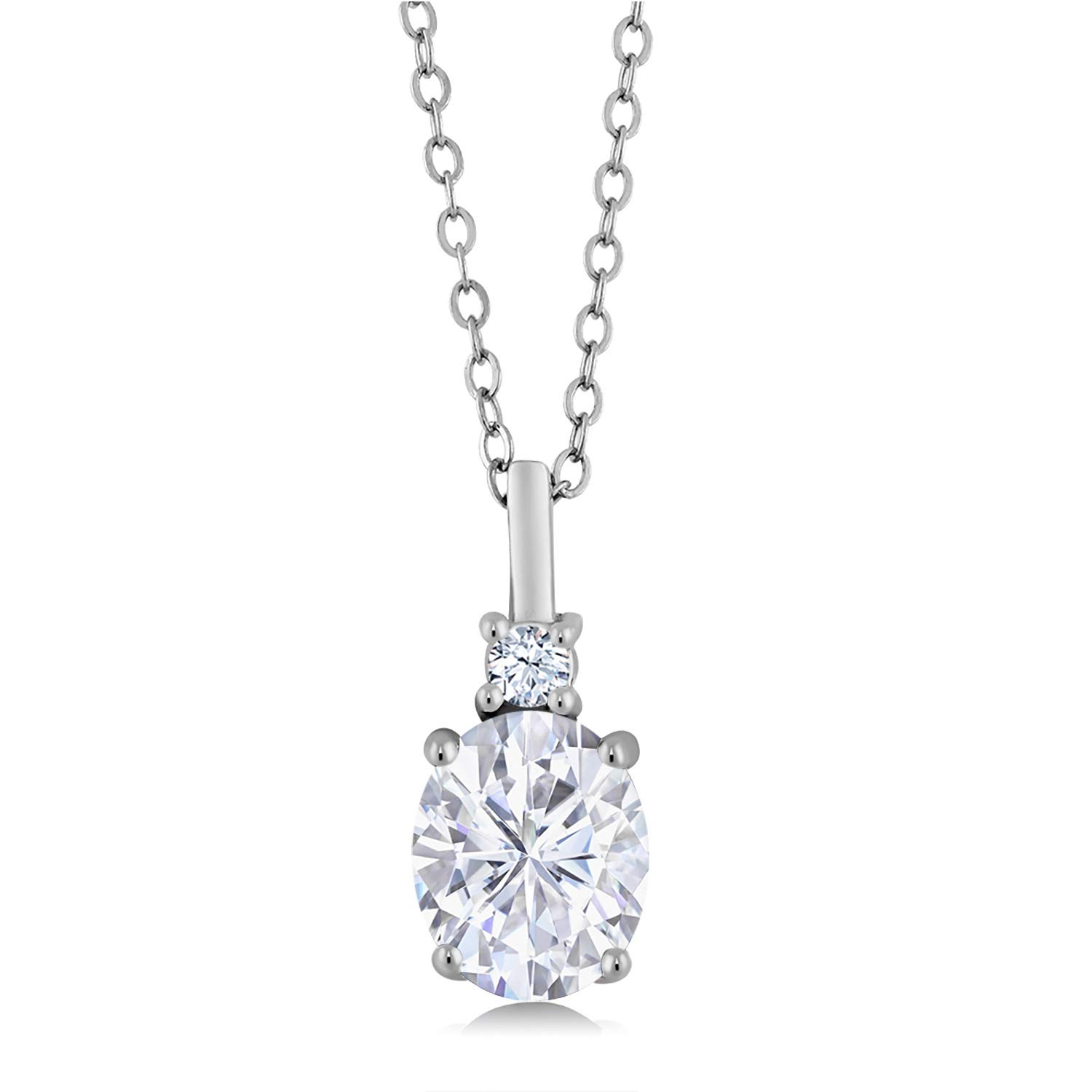 Gem Stone King 925 Sterling Silver White Moissanite and White Created Sapphire Pendant Necklace For Women (3.10 Cttw, Gemstone Birthstone, Oval 9X7MM, with 18 Inch Silver Chain)