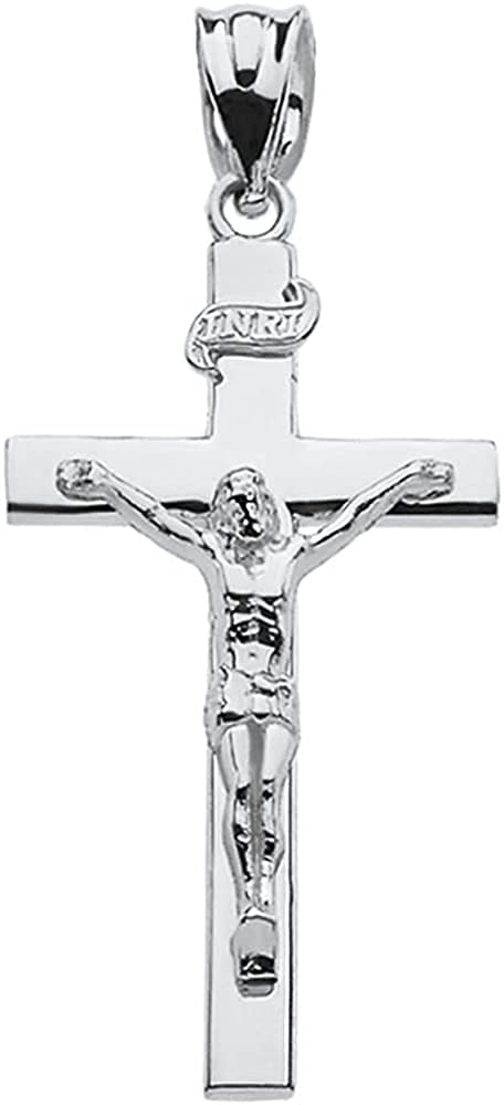 10K White Gold Catholic Linear Cross INRI Crucifix Pendant Charm - 1.60" (L)