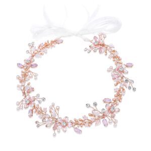 ammei headpiece rose gold wedding headband flower leaves design hair vine with pearls and rhinestones