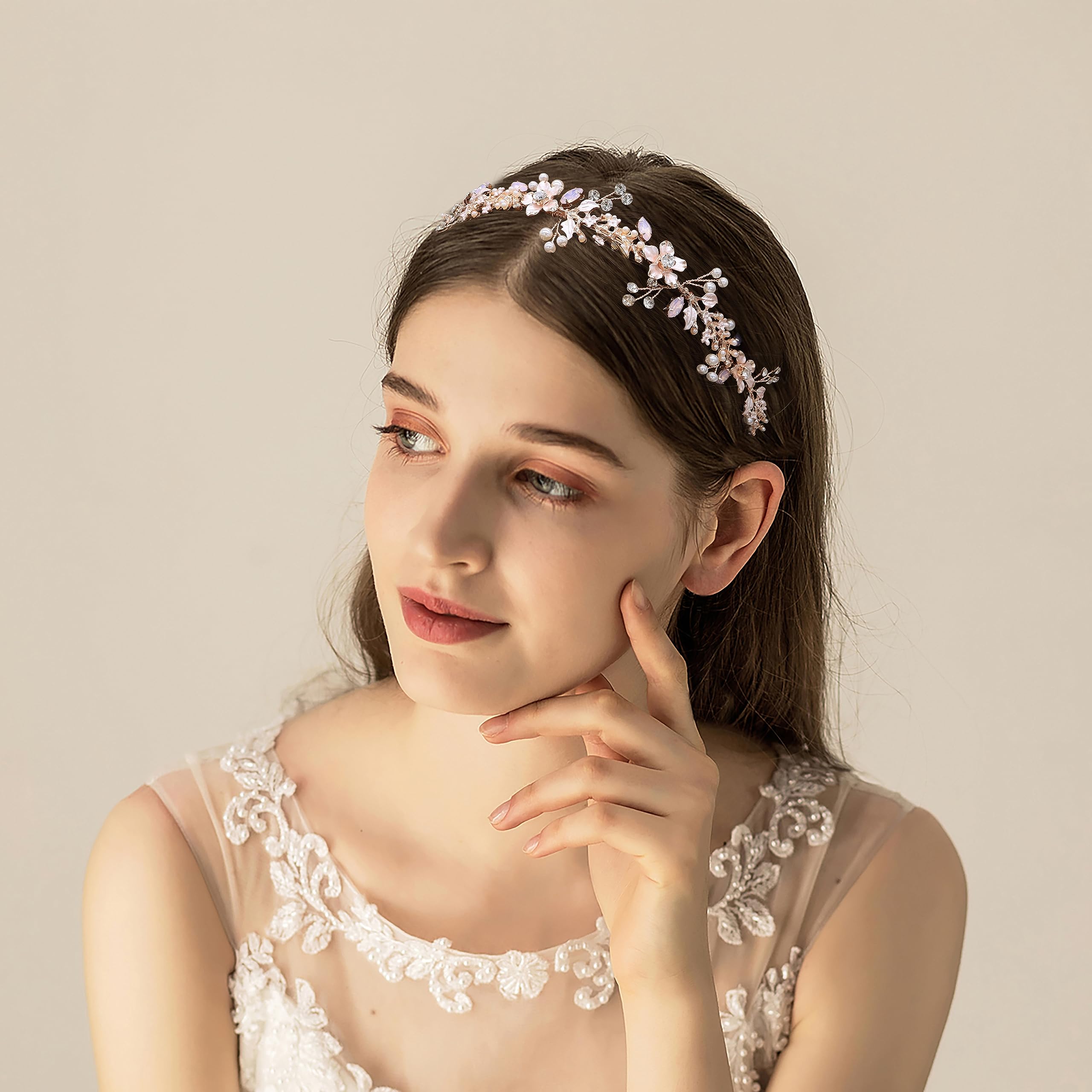 Ammei Headpiece Rose Gold Wedding Headband Flower Leaves Design Hair Vine With Pearls And Rhinestones