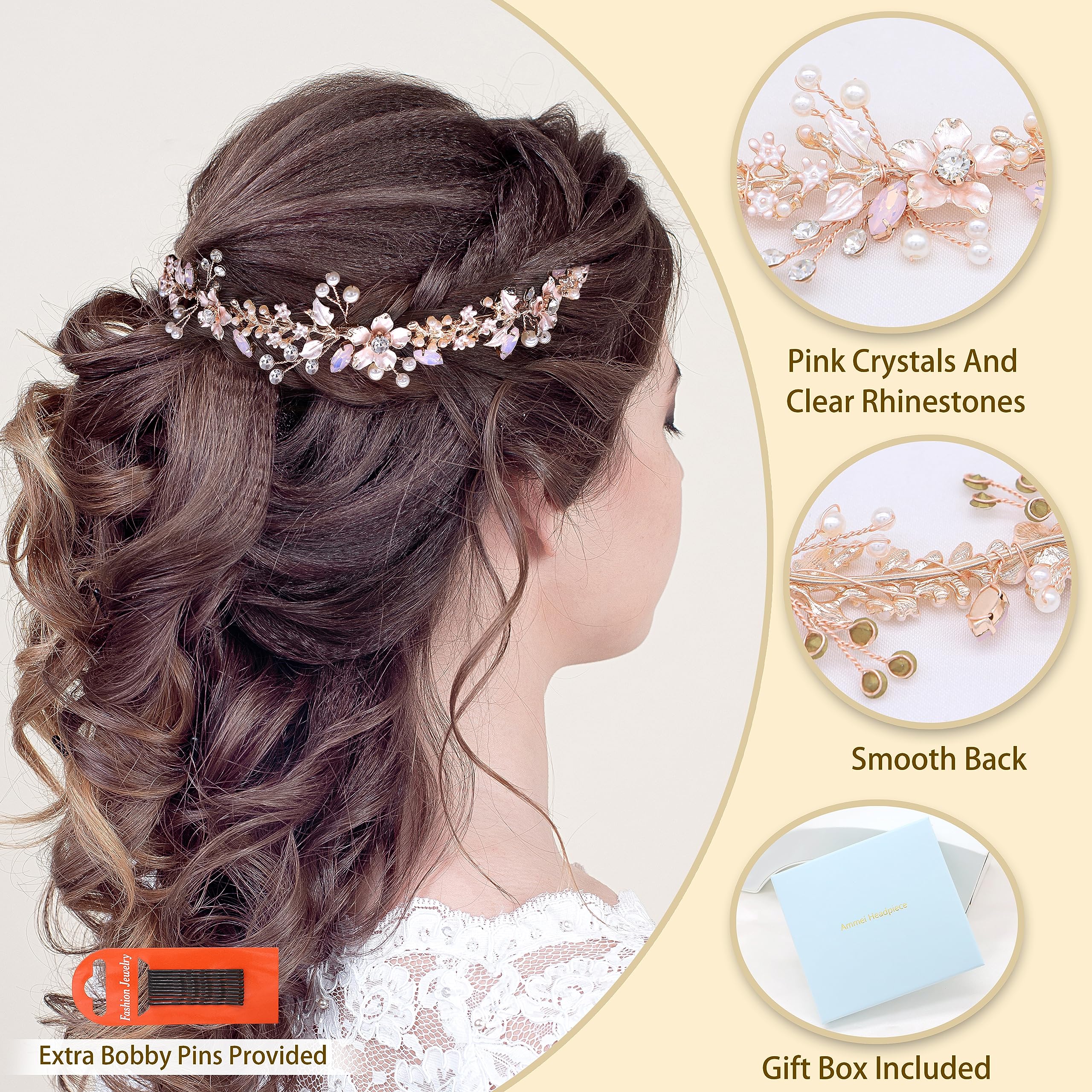 Ammei Headpiece Rose Gold Wedding Headband Flower Leaves Design Hair Vine With Pearls And Rhinestones