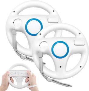 steering wheel for wii controller, 2 pcs white racing wheel compatible with mario kart, geeklin game controller wheel for nintendo wii remote game-white