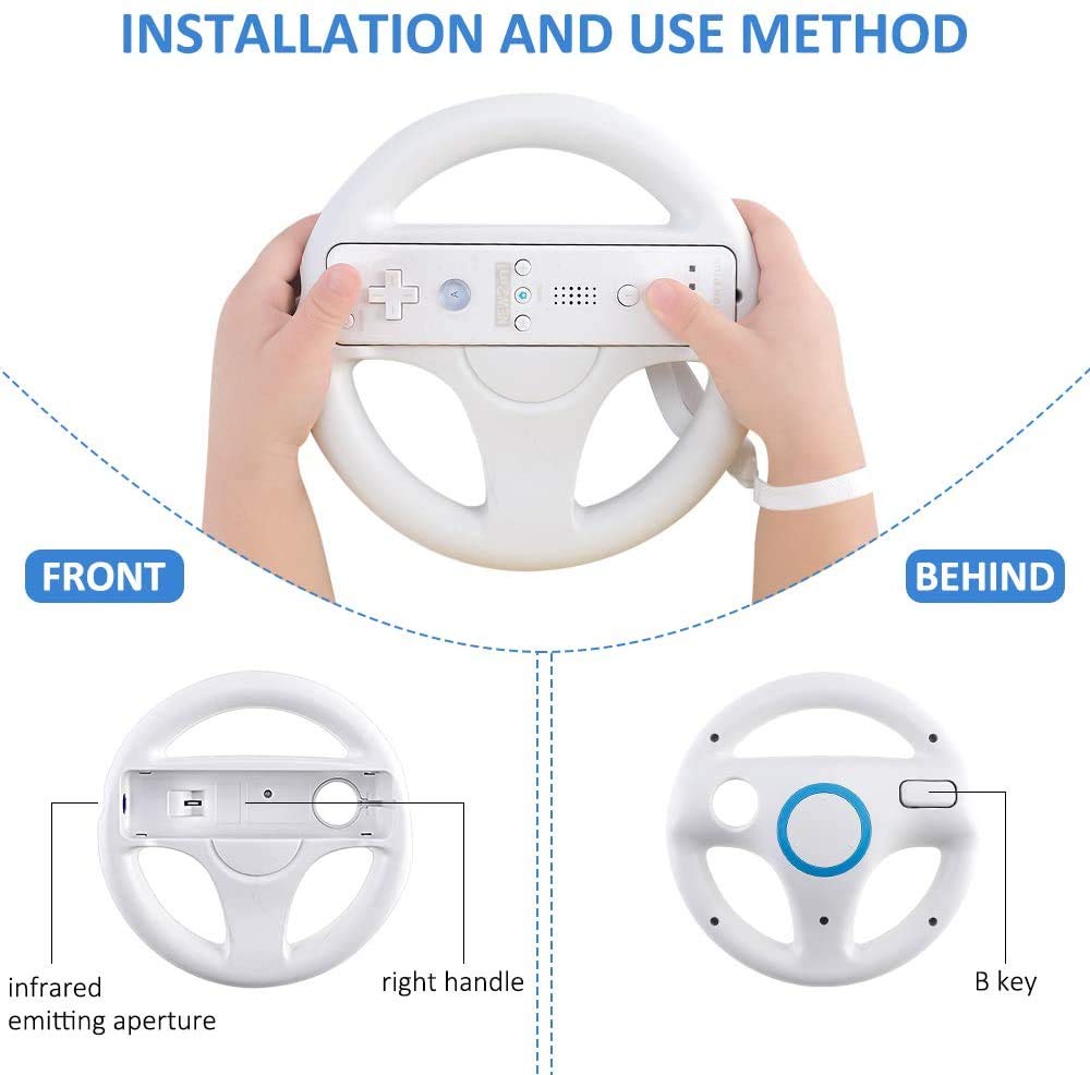 Steering Wheel for Wii Controller, 2 pcs White Racing Wheel Compatible with Mario Kart, GEEKLIN Game Controller wheel for Nintendo Wii Remote Game-White