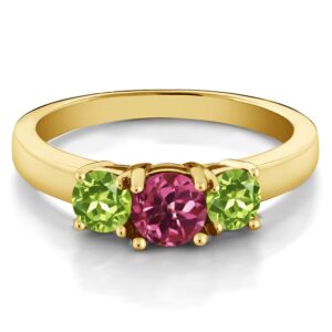 Gem Stone King 18K Yellow Gold Plated Silver Round Pink Tourmaline and Green Peridot Ring For Women (1.10 Cttw, Gemstone Birthstone, Available In Size 5, 6, 7, 8, 9)