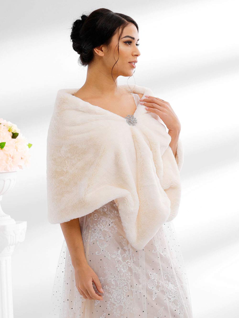 Jovono Women's Bride Wedding Faux Fur Shawl Wrap Bridal Fur Scarf Fur Wraps and Shawls for Women (Ivory)