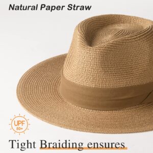 FURTALK Panama Hat Sun Hats for Women Men Wide Brim Fedora Straw Beach Hat UV UPF 50 Brown