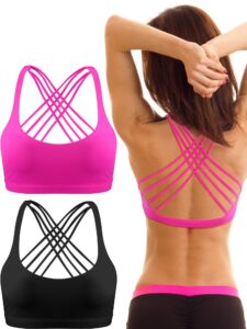 patelai 2 pack womens sports bras for women cross back bra workout strappy bra seamless comfortable yoga bra (m, black and rose red)