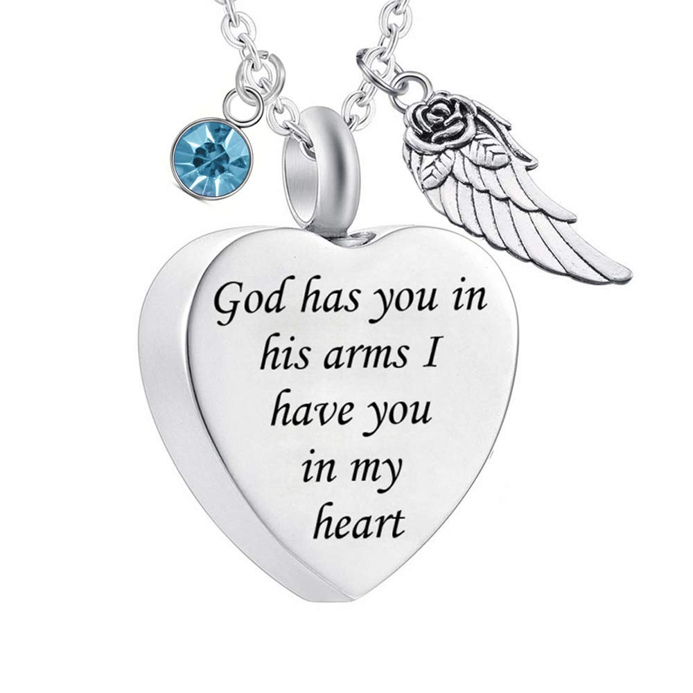 weikui God has You in his arms with Angel Wing Charm Cremation Ashes Jewelry Keepsake Memorial Urn Necklace with Birthstone Crystal (December)