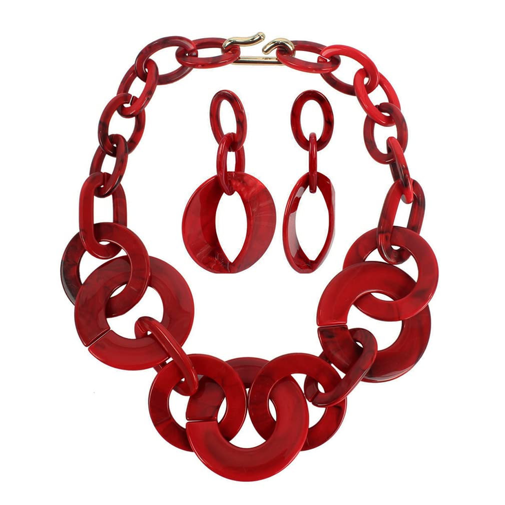 Ufraky Women Simple Acrylic Collar Choker Cluster Bib Statement Chain Necklace and Hoop Earring Jewelry Set, 18" (Red)