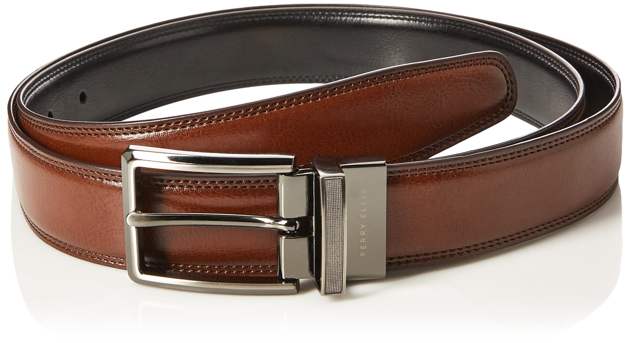 Perry Ellis Men's Portfolio Double Stitched Leather Reversible Belt (Sizes 30-42 Inches), Brown/Black, 34