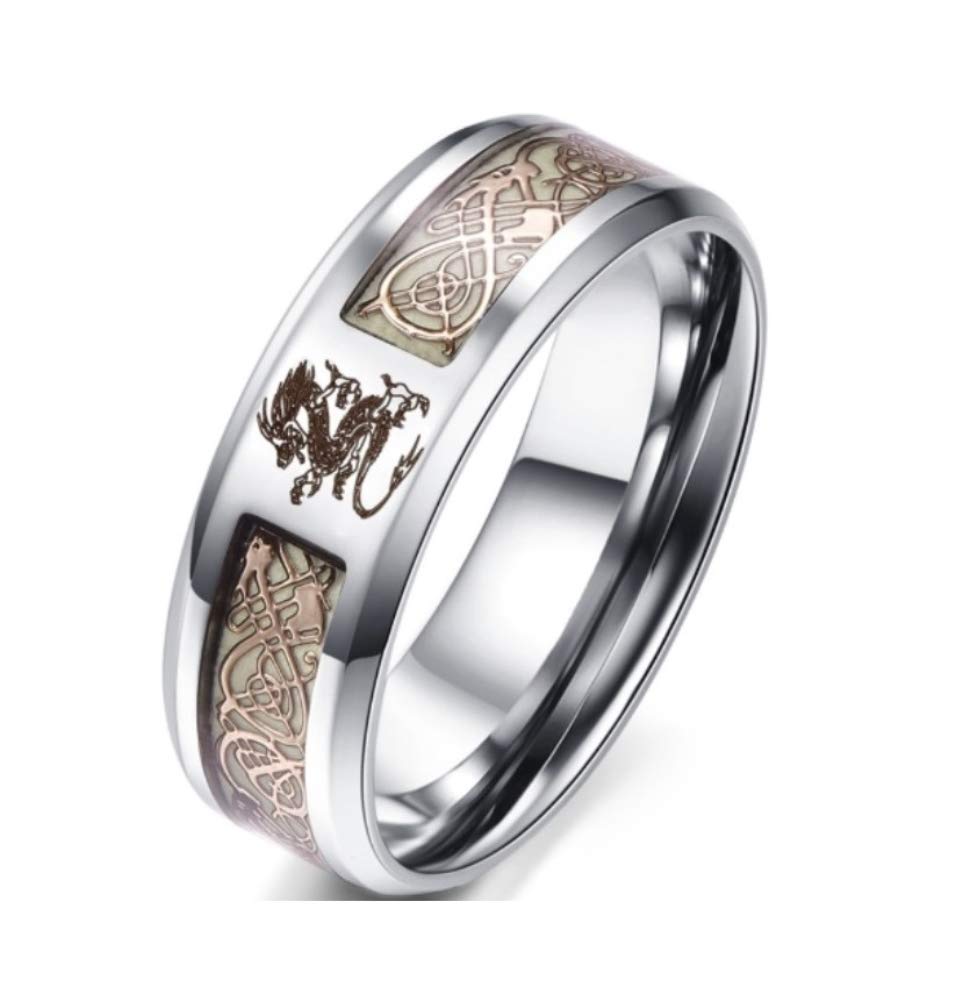 Blowin 8mm Golden Celtic Dragon Luminous Ring Aurora Glow Stainless Steel Wedding Band for Men Women (Size 12)