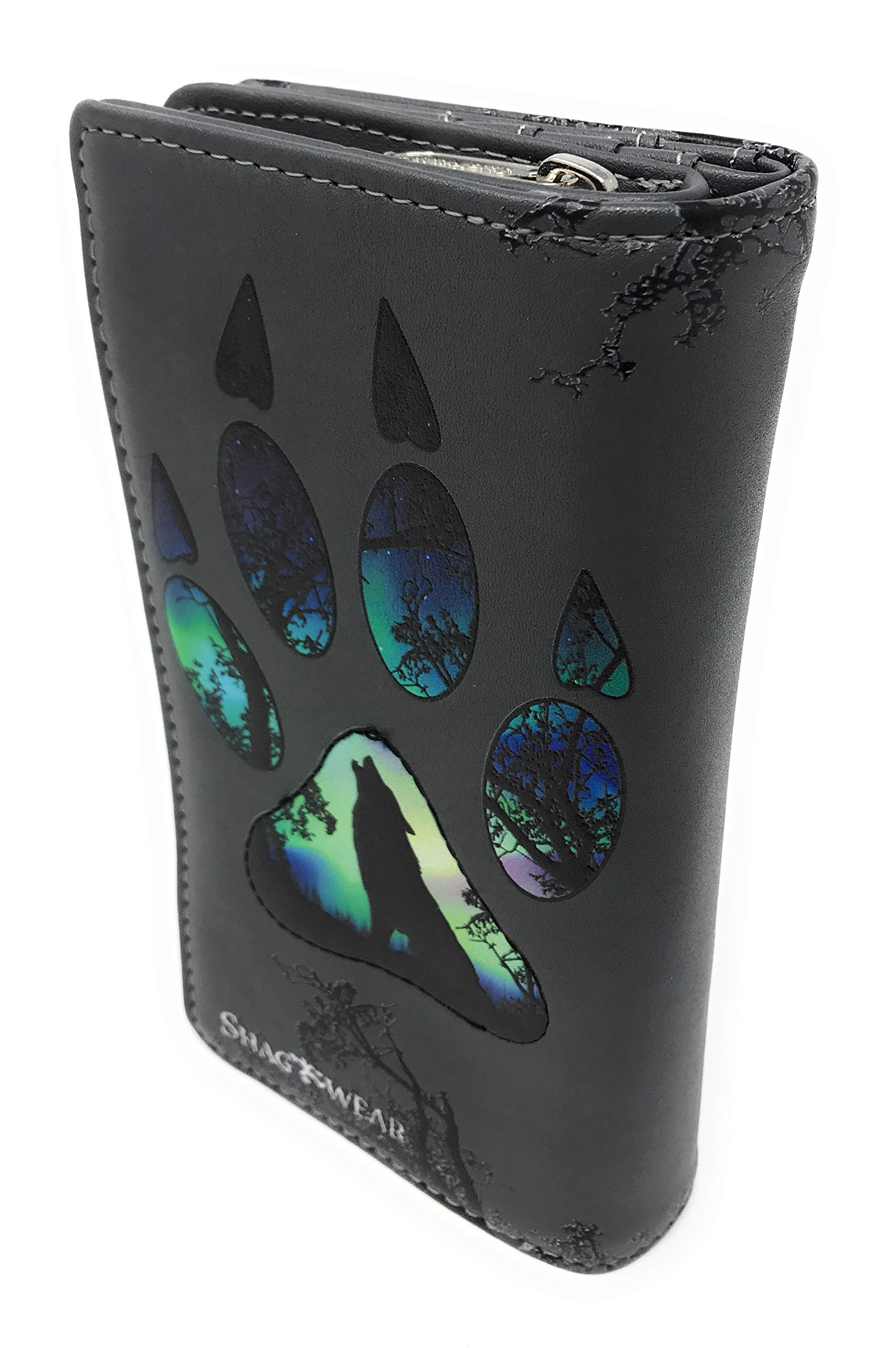 Shag Wear Wolf Paw Large Animal Wallet for Women and Teen Girls Vegan Faux Leather 7" Dark Grey