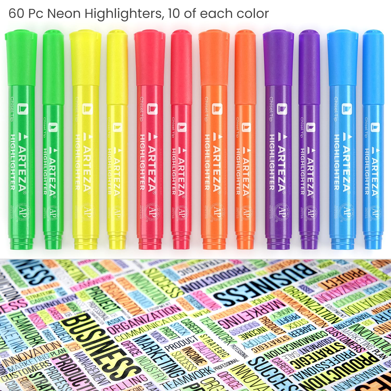 ARTEZA Highlighters Assorted Colors, Set of 60, Wide & Narrow Chisel Tip Pens