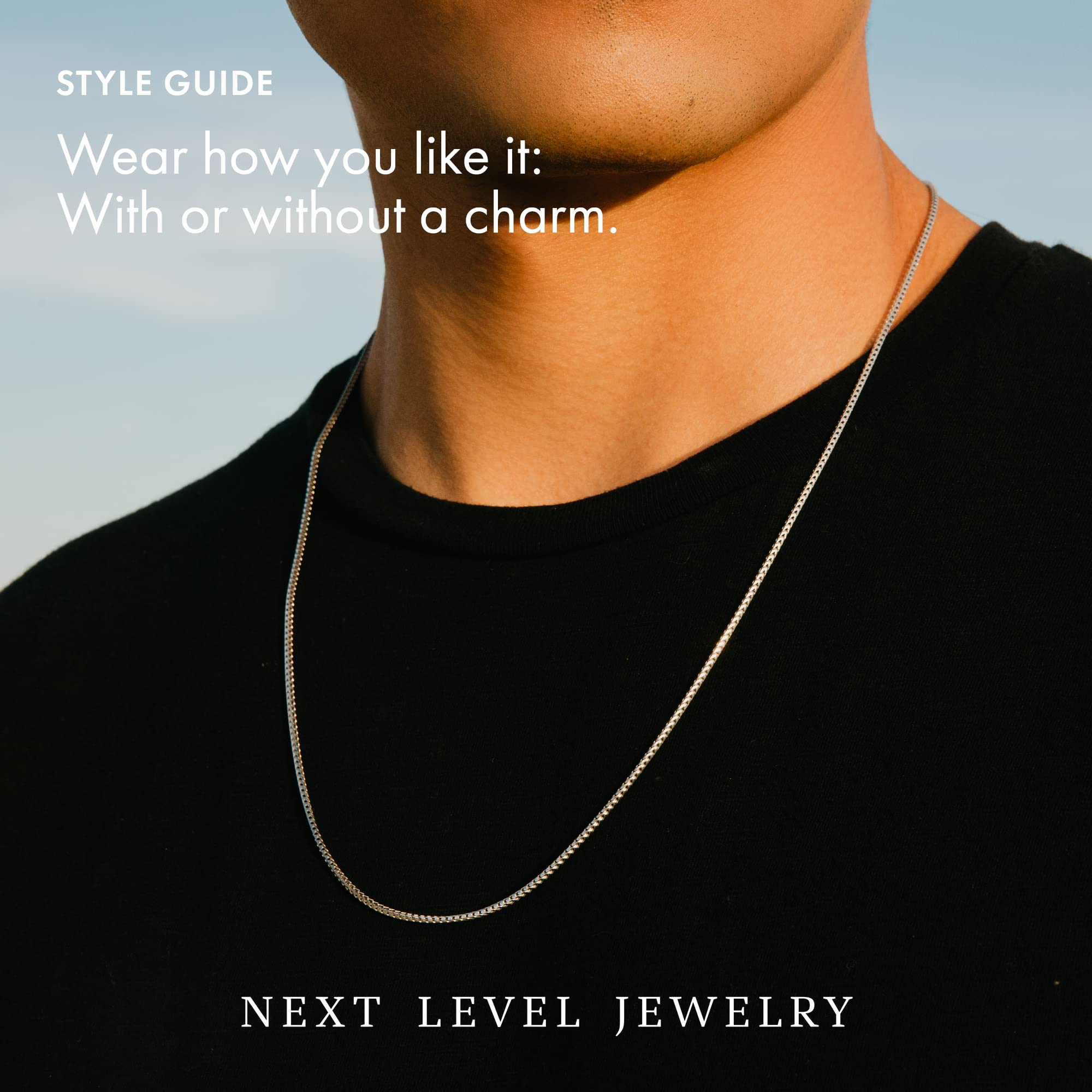 Next Level Jewelry Authentic Solid Sterling Silver Franco Box Link .925 Rhodium Necklace Chains 1MM - 5.5MM, Silver Chain for Men & Women, Made In Italy, 1.5mm,20