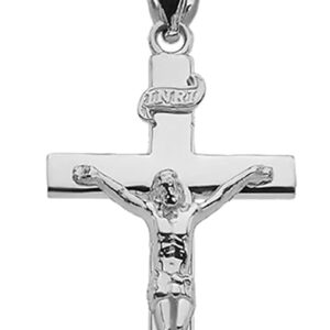 14k White Gold INRI Crucifix Catholic Linear Cross Pendant Necklace - 20" Rolo Chain